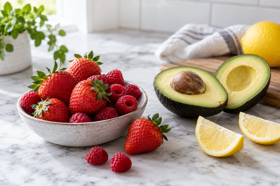 Strawberries, raspberries, avocado and lemon on a kitchen counter