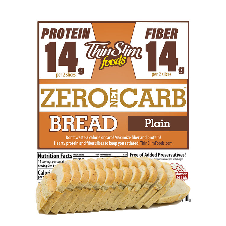 ThinSlim Foods Zero Net Carb Plain Bread label above a sliced loaf