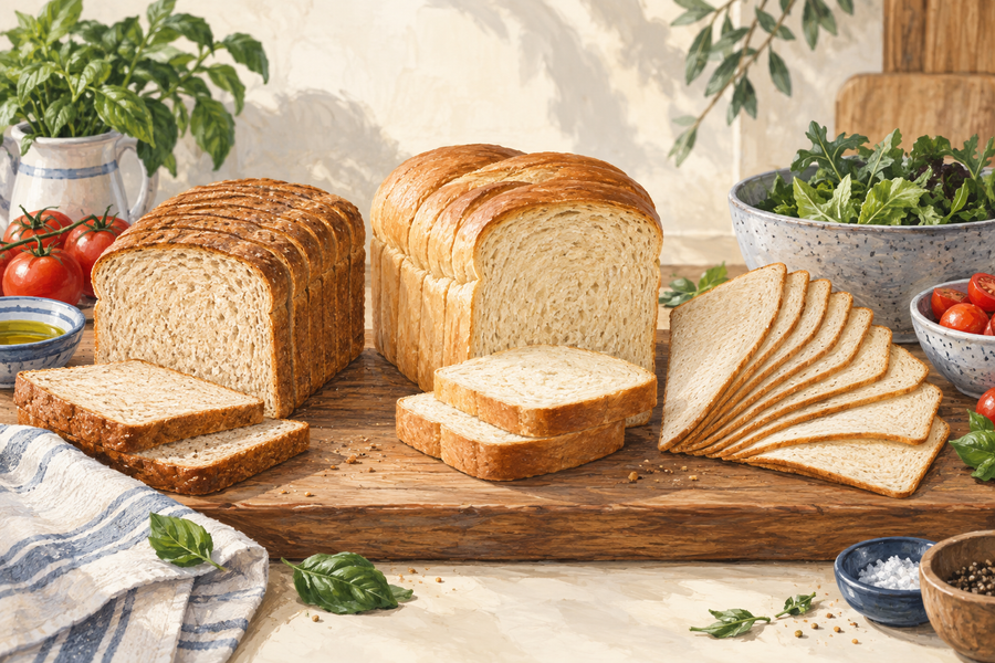 Illustration of two sliced bread loaves and a fan of thin bread slices on a wooden board.