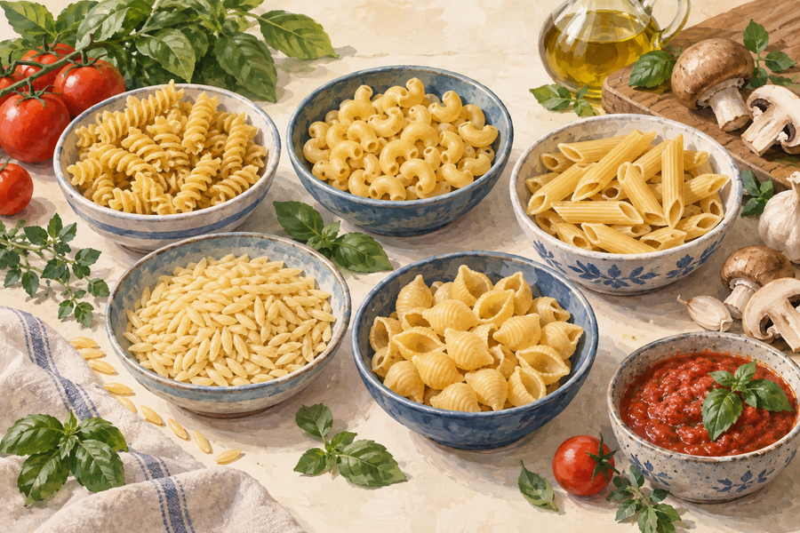 Illustration of rotini, elbows, penne, orzo, and shells in separate bowls.