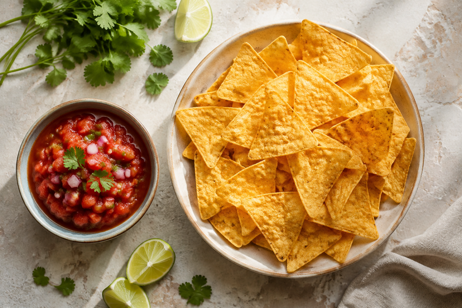 Tortilla chips beside tomato salsa, cilantro, and lime wedges.