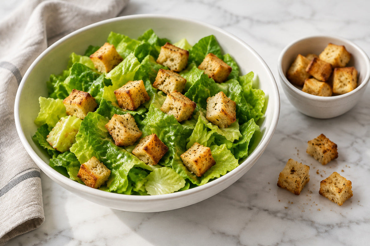 Bowl of crisp lettuce with a small measured scattering of golden croutons, plus a ramekin holding a modest extra portion