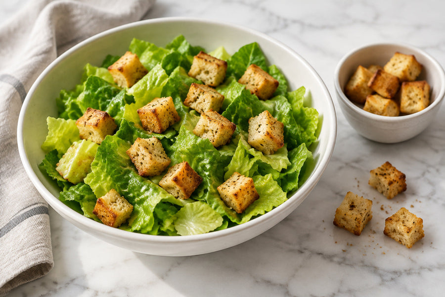 Bowl of crisp lettuce with a small measured scattering of golden croutons, plus a ramekin holding a modest extra portion