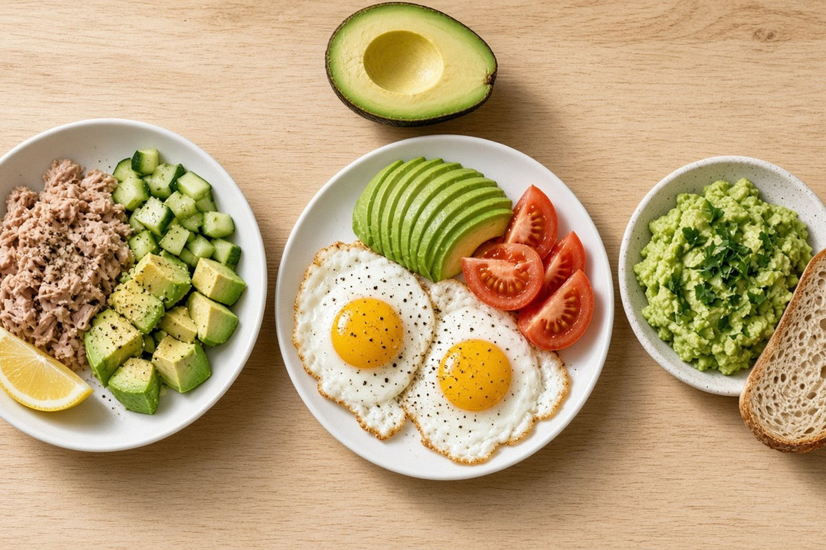 Three avocado servings: a tuna and cucumber bowl with cubed avocado, a plate of fried eggs with fanned avocado and tomato, and a dish of mashed avocado beside a slice of bread.