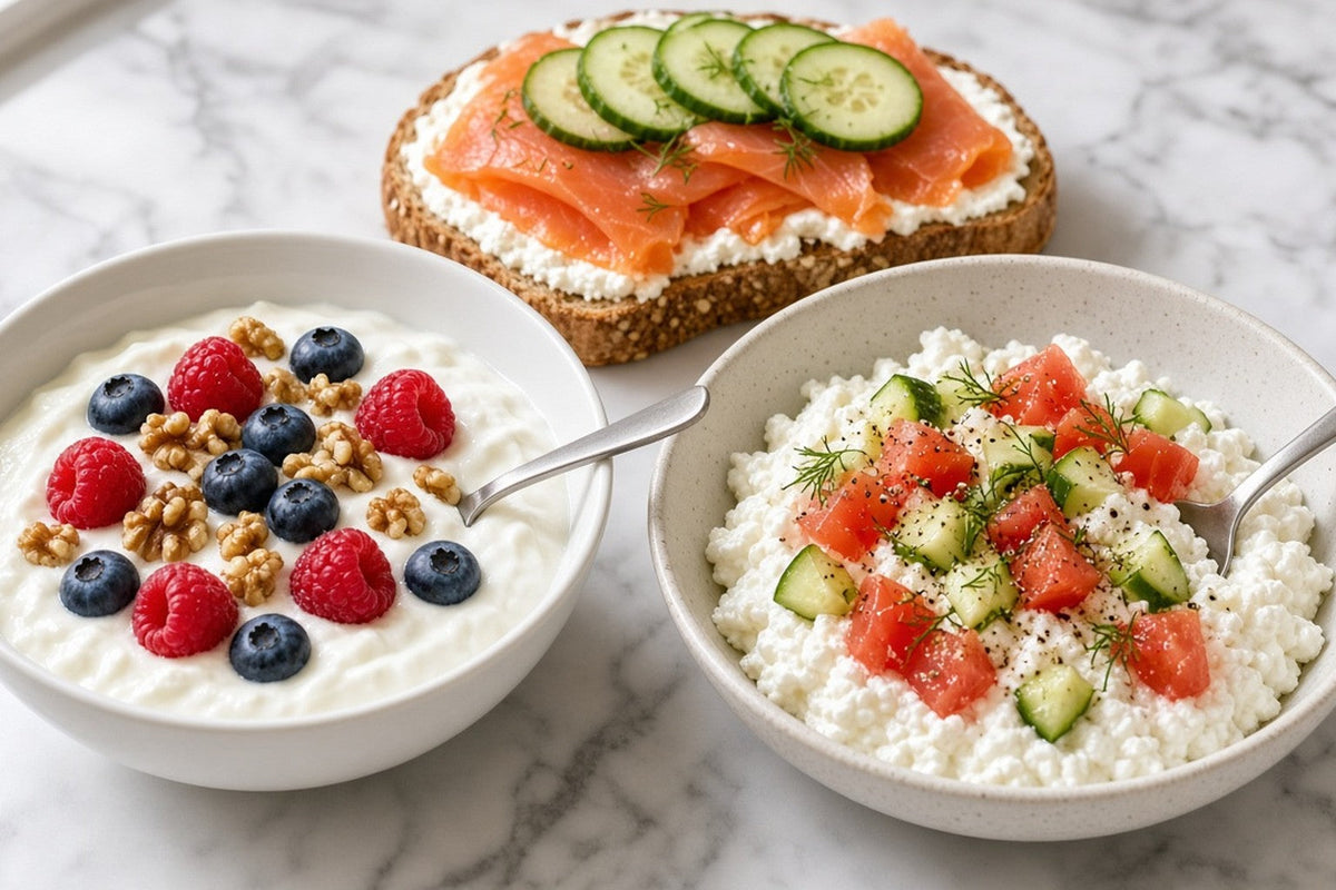Two egg-free breakfast bowls, Greek yogurt with berries and walnuts and cottage cheese with cucumber and tomato, beside an open slice of bread with cream cheese and smoked salmon.