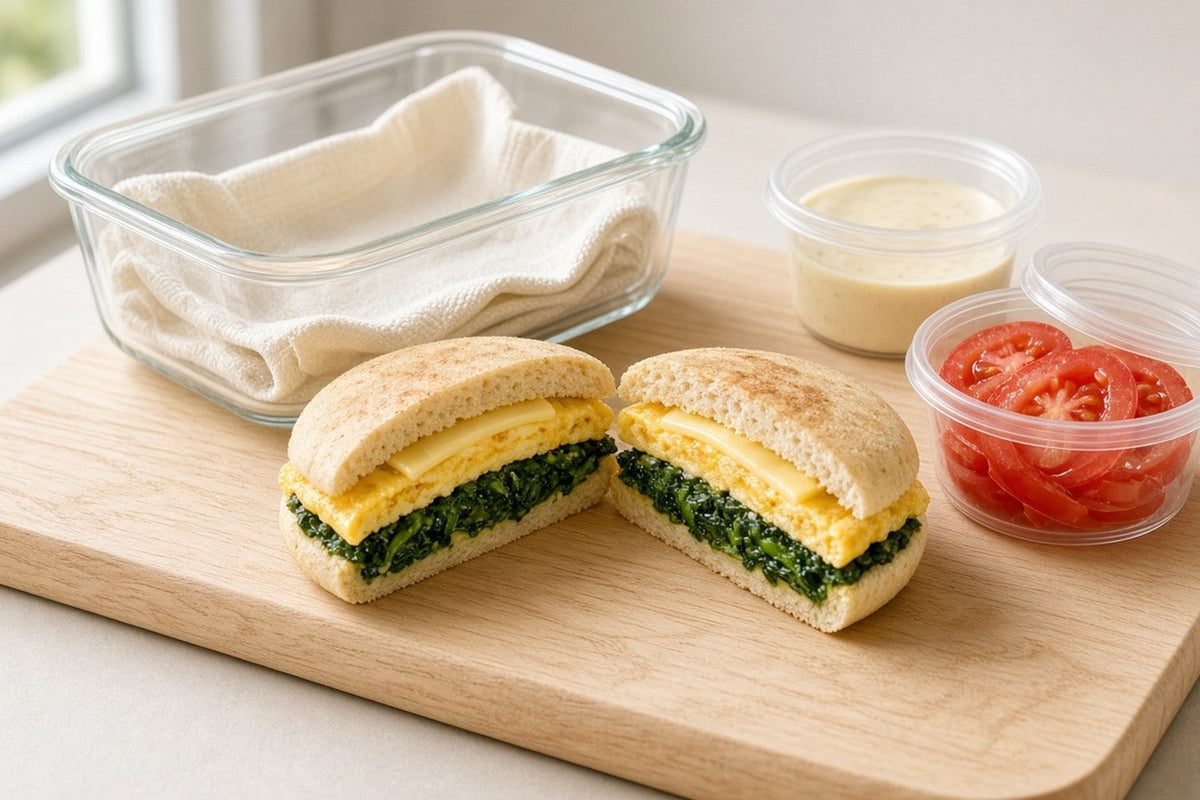 A breakfast sandwich cut in half showing egg, cheese and spinach, beside a glass container lined with a cloth napkin and two small lidded pots of tomato and sauce.