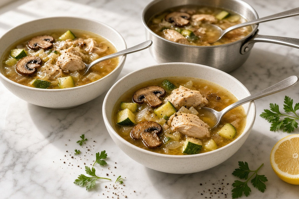 Two bowls of brothy vegetable soup with mushrooms, zucchini and chicken, a saucepan with a ladle behind, lemon and parsley alongside.