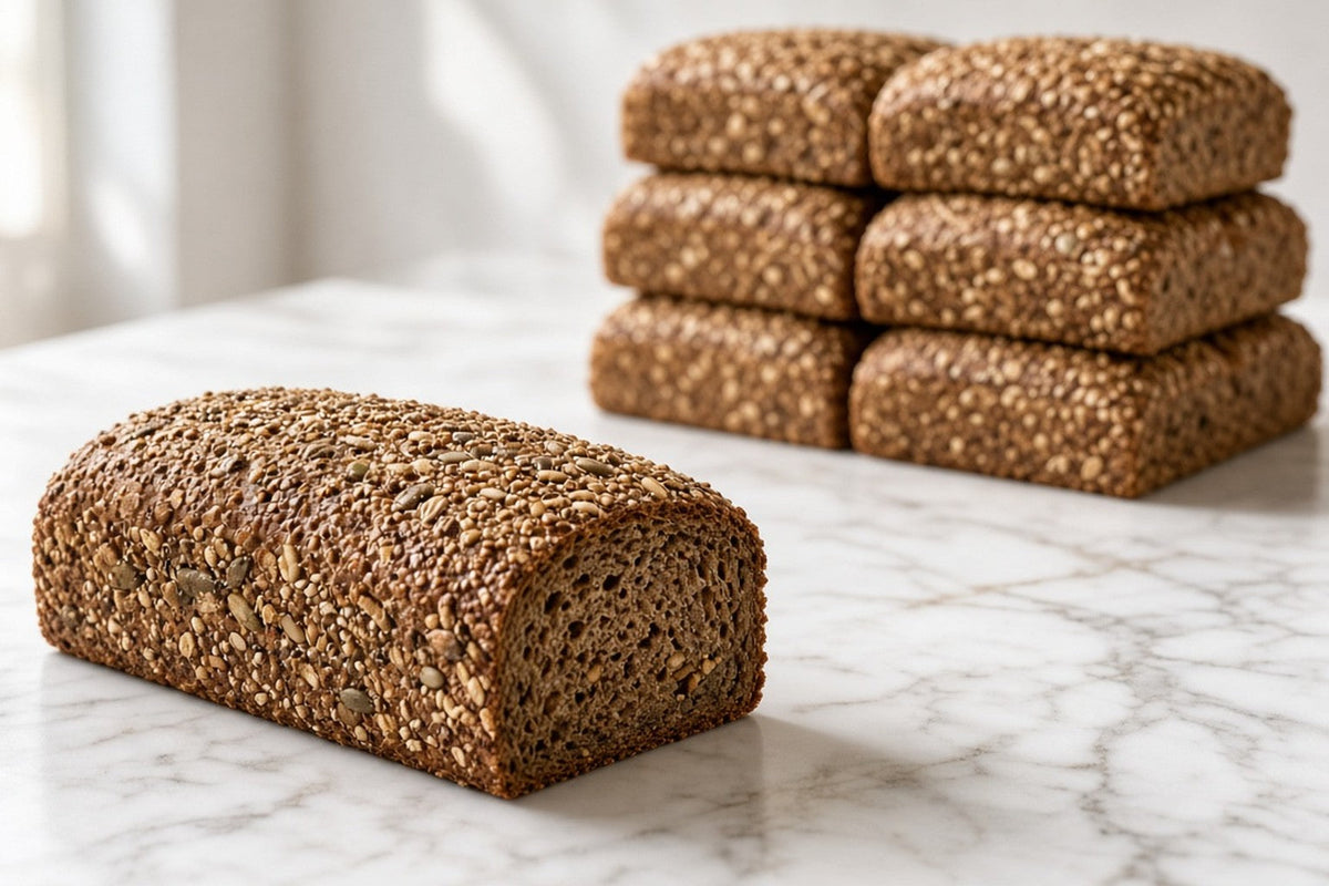 One loaf of dark seeded bread sharp in the foreground with a stack of identical loaves out of focus behind it, showing the difference between one loaf and a bulk quantity.
