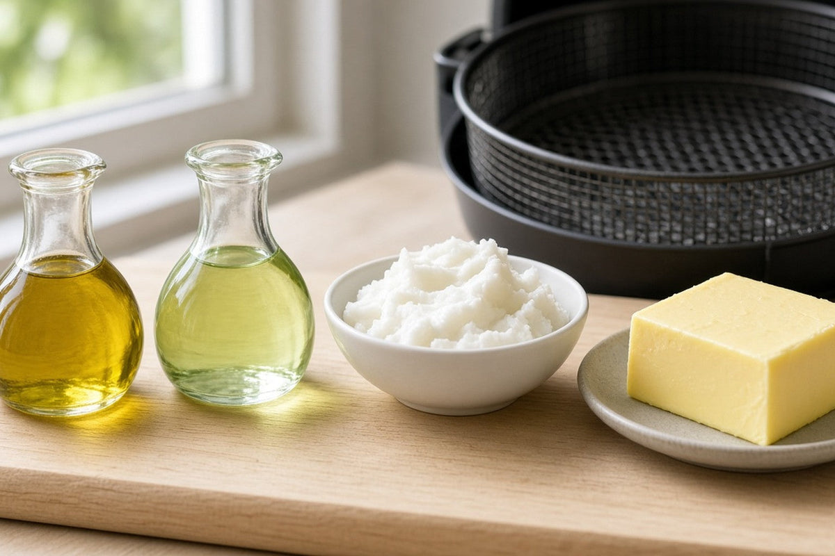 Four cooking fats on a birch board: glass cruets of olive oil and avocado oil, a dish of coconut oil and a block of butter, with an empty air fryer basket behind.