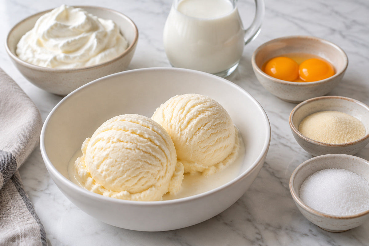 Two scoops of pale ice cream in a bowl with whipped cream, milk, egg yolks, gelatin and sweetener laid out behind