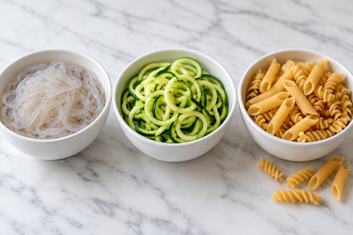 Three bowls holding shirataki noodles, spiralized zucchini noodles and dry low carb pasta