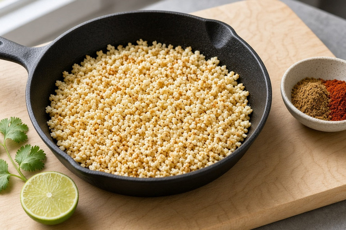A cast iron skillet of loose, separate cauliflower rice grains with golden edges, beside a dish of cumin and smoked paprika, a halved lime and cilantro.