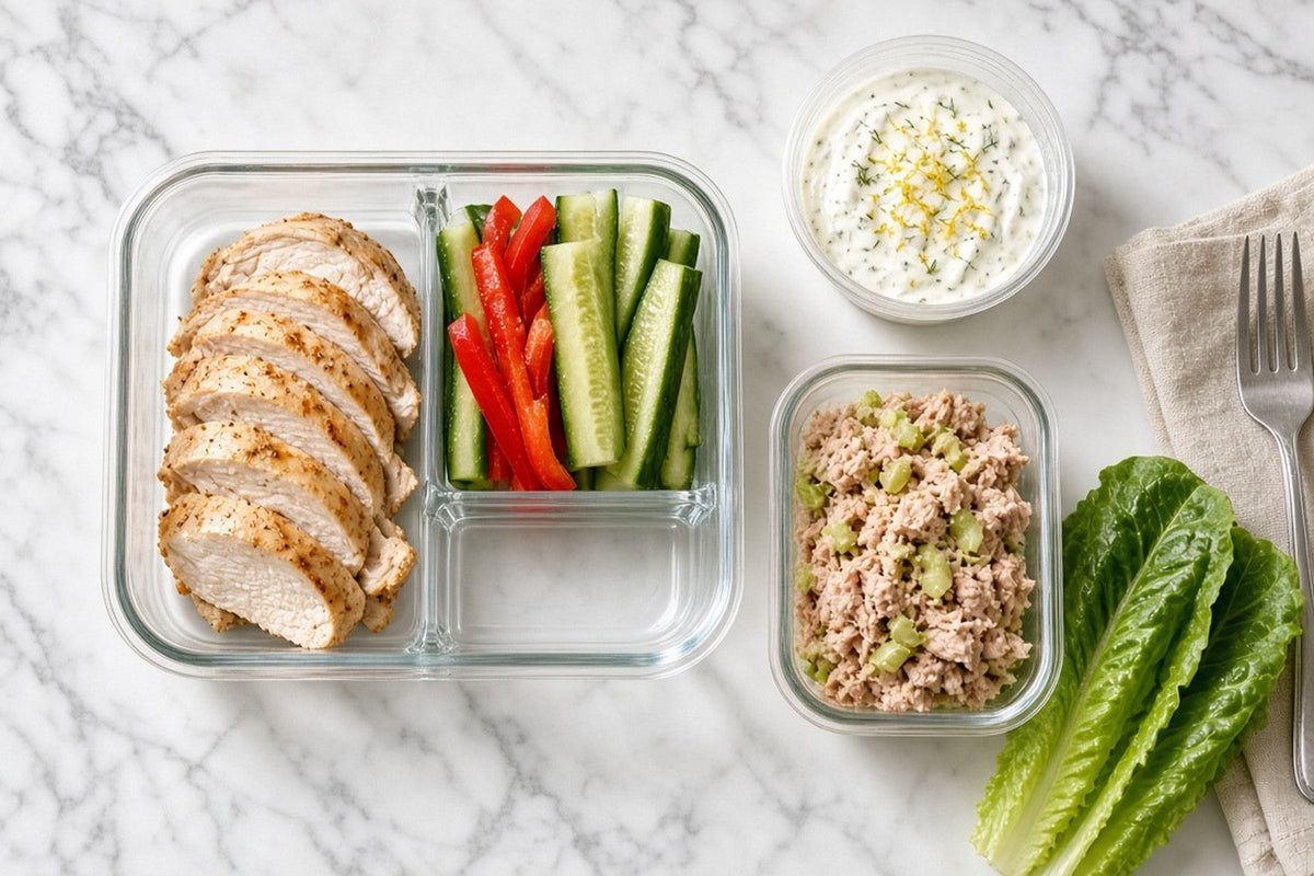 An open compartment lunch container packed cold with sliced chicken, cucumber and pepper, a separate cup of yogurt dip and a smaller container of tuna salad with romaine.