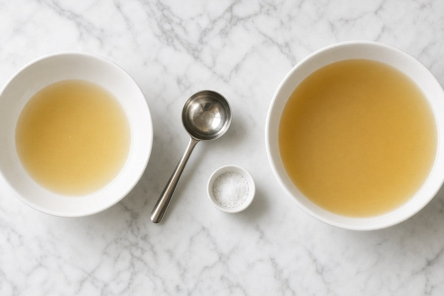Two bowls of broth in different portions beside a ladle and a small dish of salt