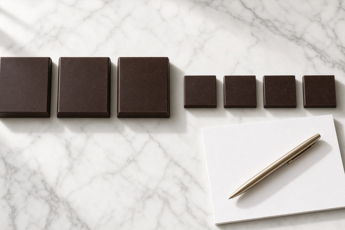 Three large squares of dark chocolate in a row on the left and four smaller thinner squares on the right, with a blank notepad and pen below.