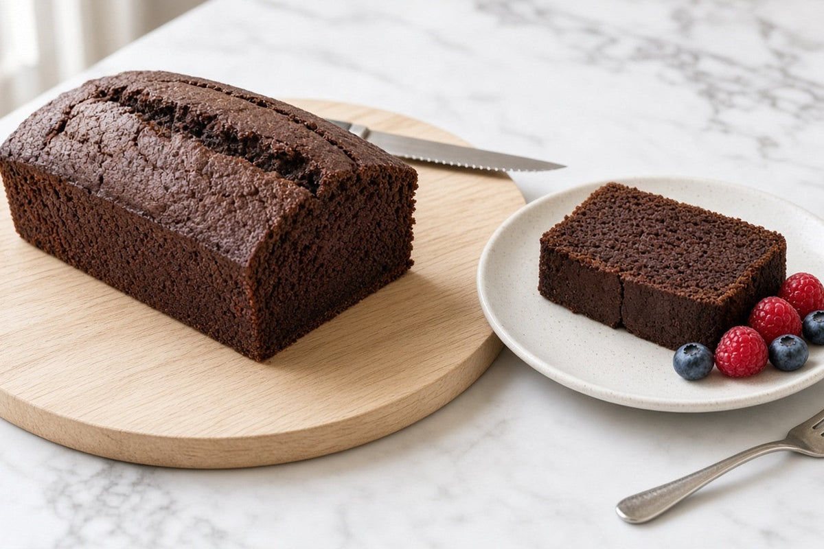 A chocolate loaf cake on a birch board with one slice cut and lifted onto a small plate beside fresh raspberries and blueberries.
