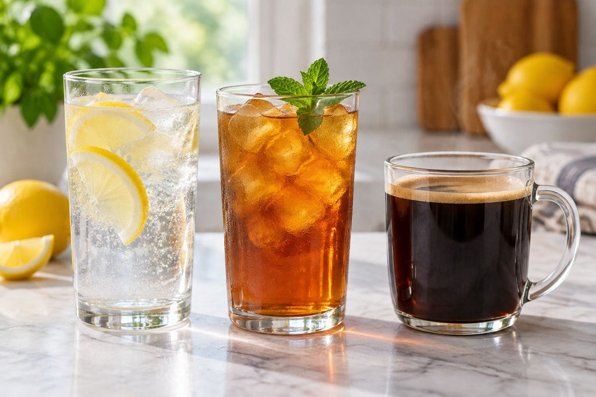 Glasses of sparkling water, iced tea and coffee arranged on a counter