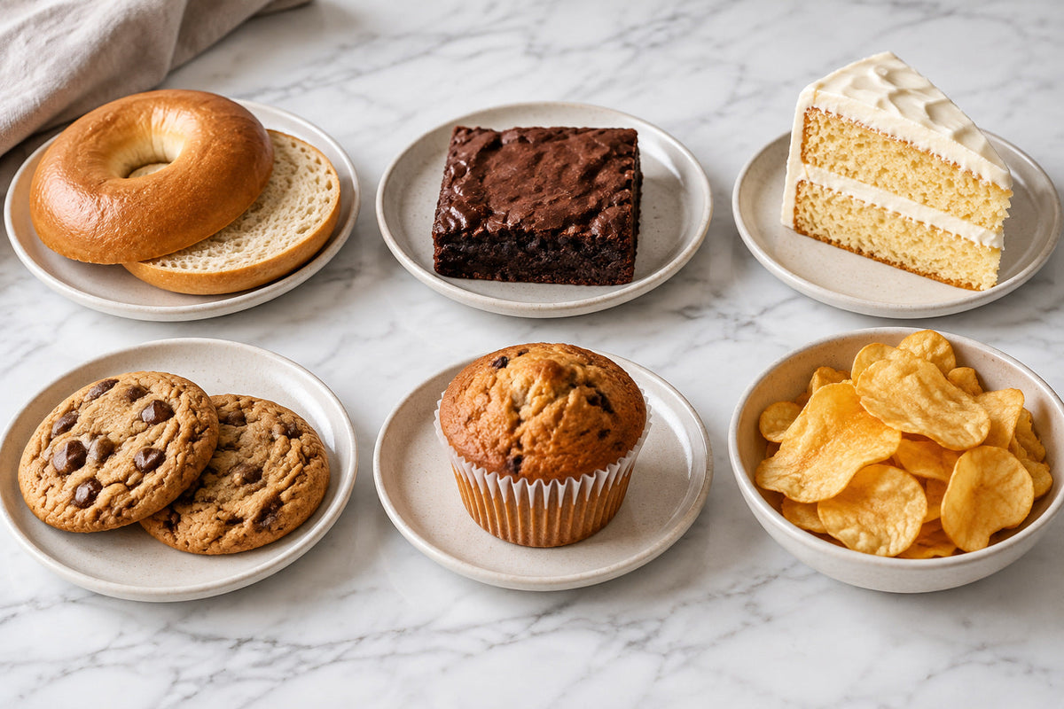 Six low carb foods on individual plates: bagel, brownie, cake slice, cookies, muffin and crisps