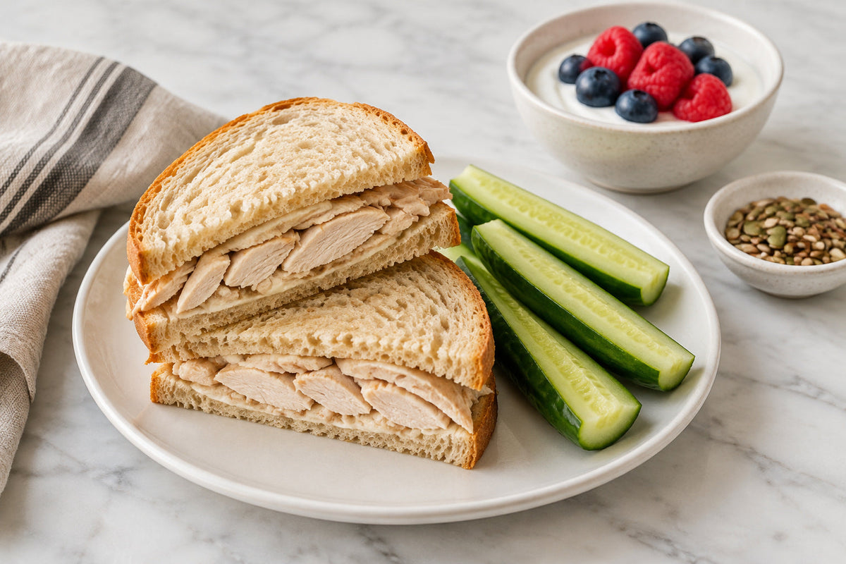 Chicken sandwich with cucumber spears, beside yogurt with berries and a small dish of mixed seeds