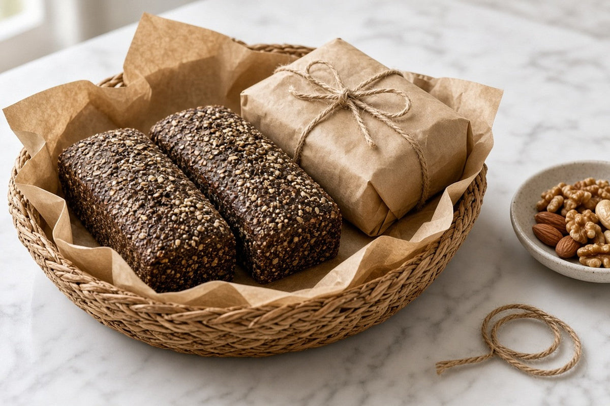 A woven basket lined with plain kraft paper holding two matching loaves of dark seeded bread and a parcel tied with jute twine, beside a dish of mixed nuts.