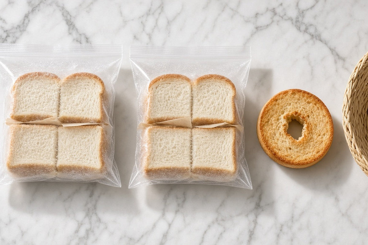 Sliced bread divided into two-slice portions separated by parchment squares, two portions already sealed in plain unmarked freezer bags with frost on the plastic.
