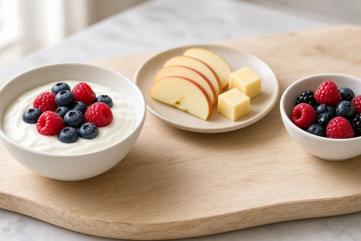 Three small fruit portions on a birch board: yogurt topped with berries, four thin apple slices with two cubes of cheese, and a bowl of mixed berries.