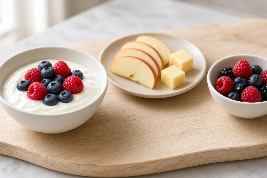 Three small fruit portions on a birch board: yogurt topped with berries, four thin apple slices with two cubes of cheese, and a bowl of mixed berries.