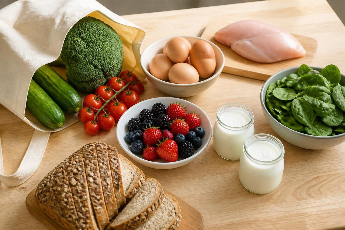 Groceries on a kitchen counter: eggs, chicken breast, broccoli, cucumbers, cherry tomatoes, berries, spinach, yogurt and seeded bread