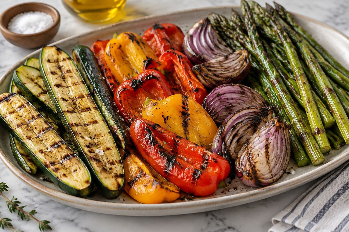 Platter of grilled vegetables including zucchini, peppers and asparagus with char marks