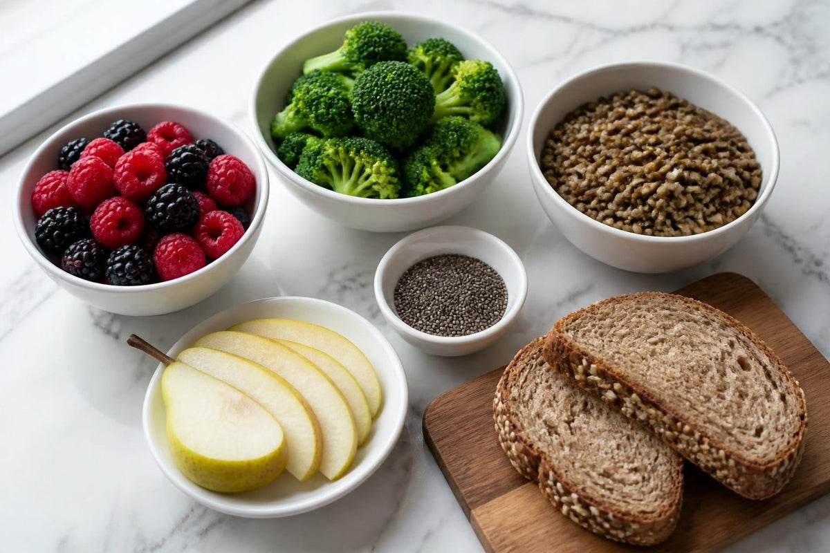 High-fiber foods in white bowls: raspberries and blackberries, broccoli, lentils, chia seeds, sliced pear and seeded bread