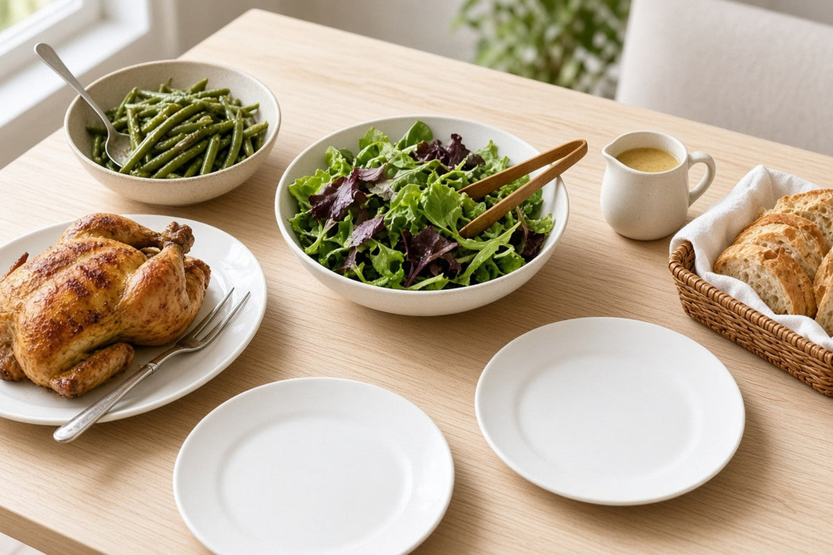 A table laid with separate dishes each with its own utensil: a roast chicken on a platter, green beans, a leaf salad, a pitcher of dressing set apart, and a basket of sliced bread.