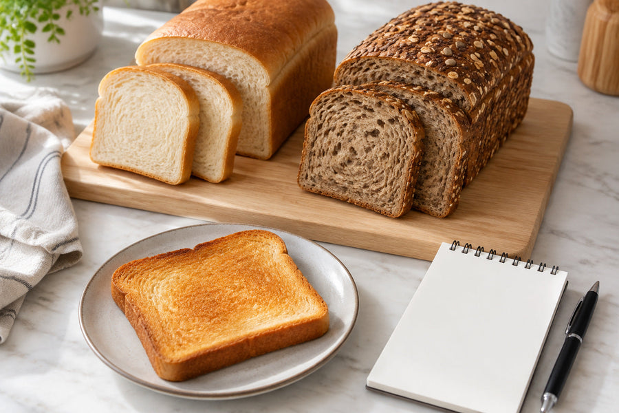 A pale loaf and a seeded brown loaf side by side, sliced, with a toasted slice and a blank notepad