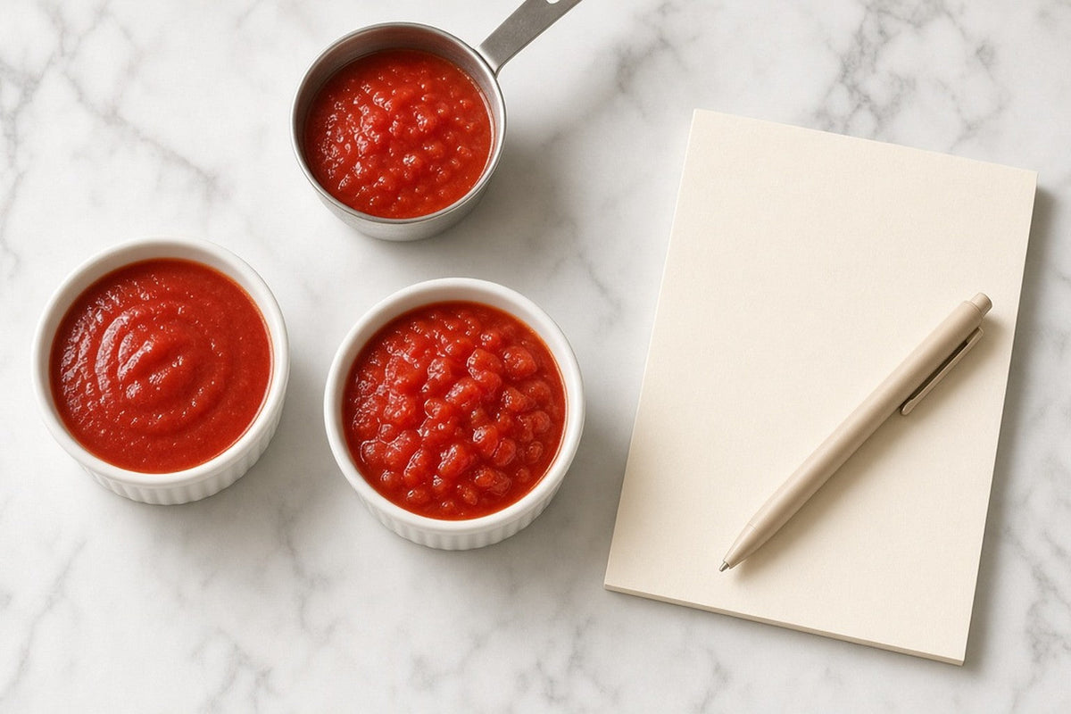 Two identical ramekins holding equal portions of tomato sauce, the left smooth and glossy and the right visibly chunky, with a measuring cup behind and a blank notepad and pen.