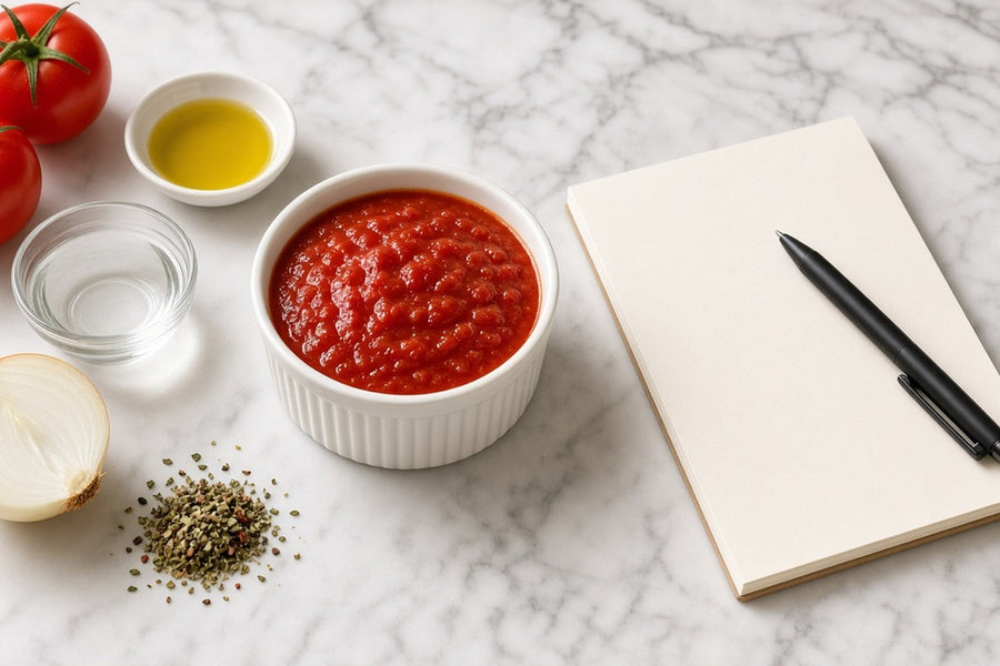 A ramekin of tomato sauce surrounded by its separate components, two tomatoes, a dish of water, a dish of olive oil, a halved onion and dried seasonings, beside a blank notepad.