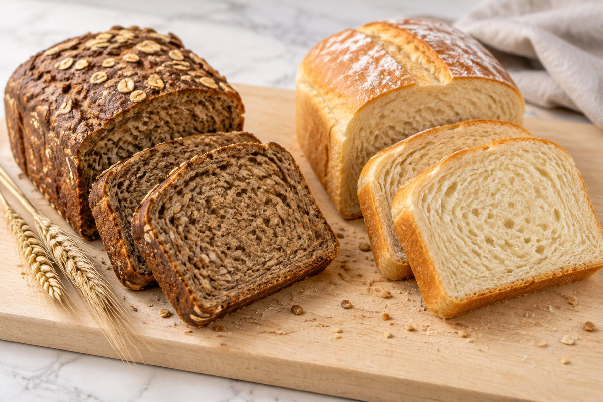 A dark wholegrain loaf and a pale white loaf side by side on a board with wheat stalks