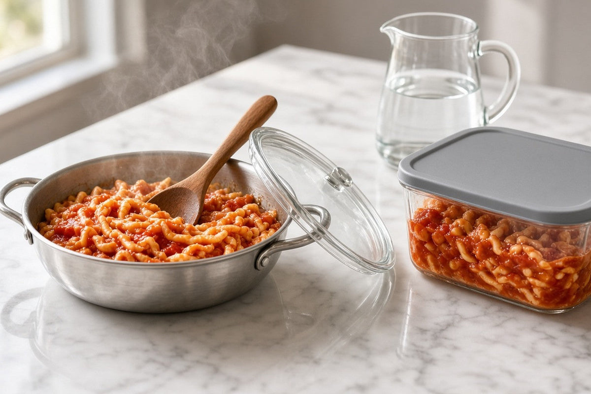 A small skillet of pasta in tomato sauce with the lid propped against the rim and steam rising, beside an unlabelled glass container of the rest and a jug of water.