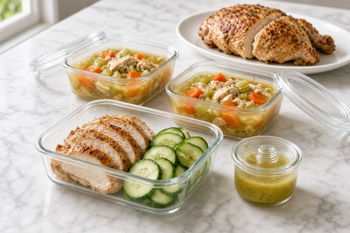 Tomorrow's lunches portioned before dinner: a glass container of sliced chicken and cucumber with dressing kept separate, and two containers of soup, the roast chicken still on its platter behind.