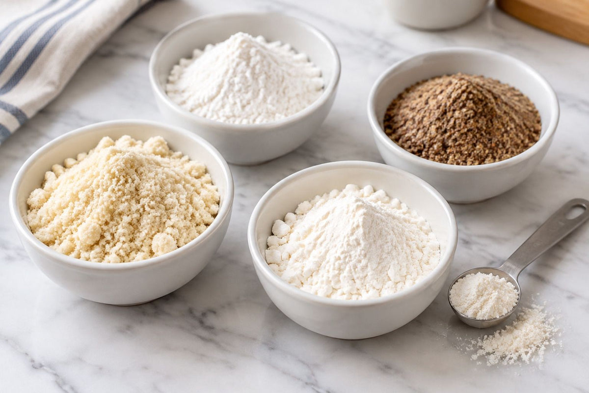 Bowls of almond flour, coconut flour and other low carb baking flours on a work surface