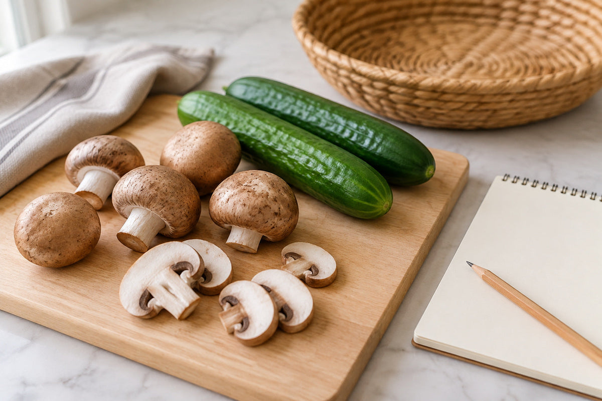 Loose mushrooms and cucumbers on a board beside an empty basket and a blank notepad