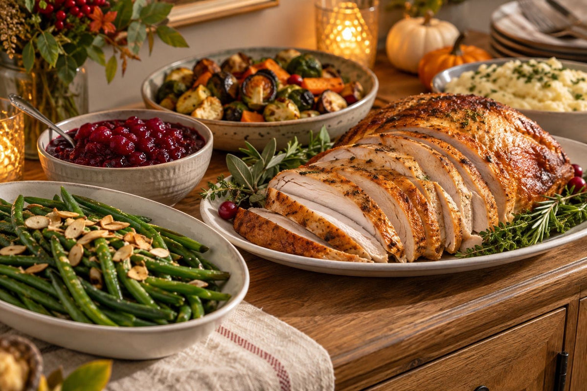 Holiday buffet table set with roast, vegetable sides and low carb dishes