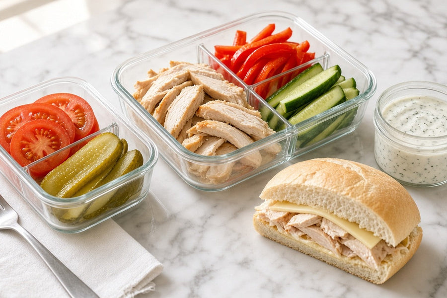 A packed work lunch: a compartment box of chicken, pepper strips and cucumber, a pot of dill yogurt dip, a halved sandwich and a separate container of tomato and pickles.