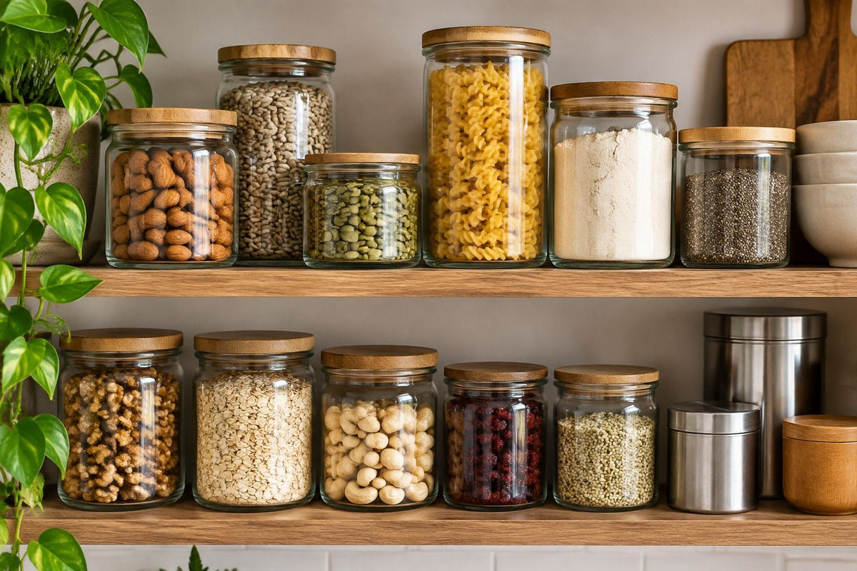 Open pantry shelf stocked with low carb staples in labeled containers