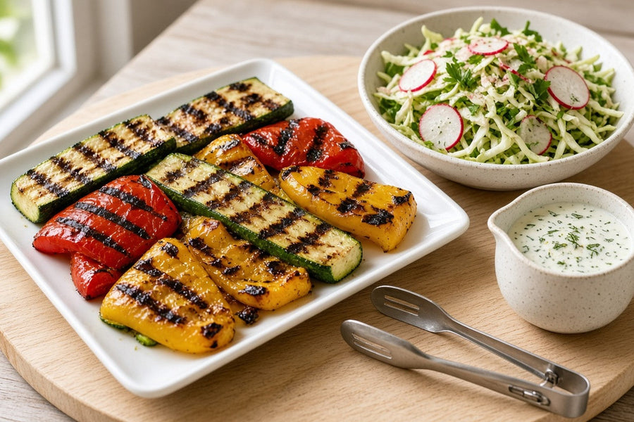 A platter of grilled zucchini planks and charred red and yellow pepper panels, a bowl of undressed cabbage and radish slaw, and a jug of dill yogurt sauce with serving tongs.