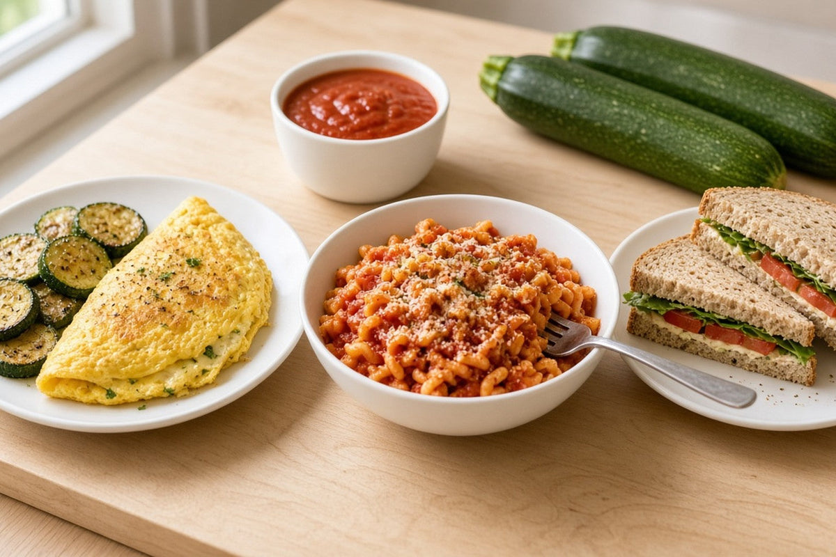 Three single-serving meals for one, a folded omelette with sauteed zucchini, a small bowl of pasta with tomato sauce, and a modest sandwich cut in half.