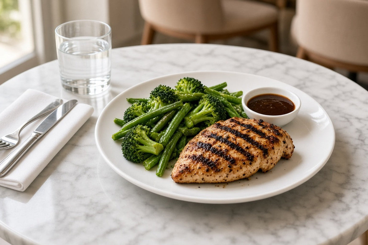 A restaurant table set for one with a grilled chicken breast, steamed green beans and broccoli where rice would normally sit, and a small ramekin of sauce set to the side.