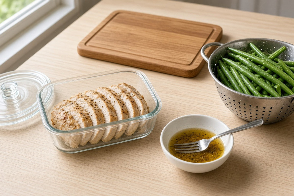 One small evening prep task: a glass container holding a reserved lunch portion of sliced chicken, a bowl of whisked dressing, and a colander of washed green beans.