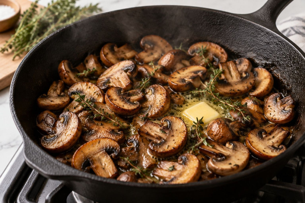 Skillet of browned mushrooms with herbs, served as a weeknight side dish