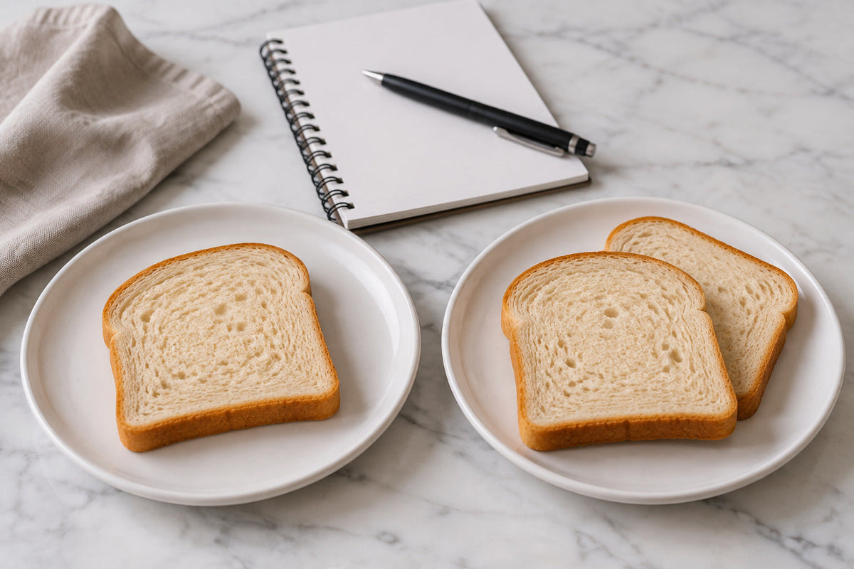 Two plates compared, one holding a single slice of bread and one holding more, with a blank notepad and pen
