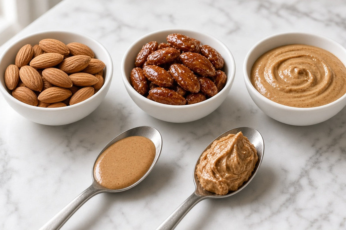 Three bowls showing almonds three ways, raw, honey coated and as almond butter, with a level tablespoon of almond butter beside a heaped one so the difference in amount is obvious.