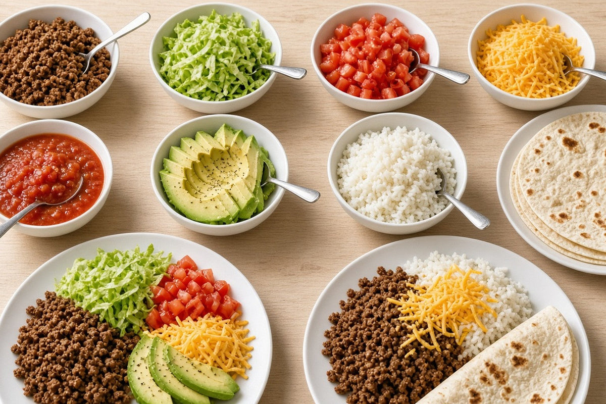 Taco components in separate bowls with two dinner plates built differently from the same ingredients, one without rice or tortilla and one with.